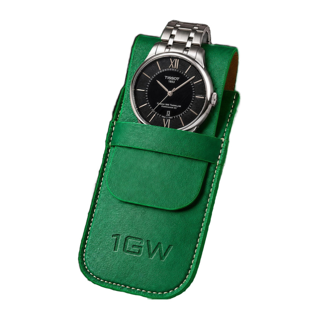 1GW green leather watch travel pouch holding a dress watch, on white