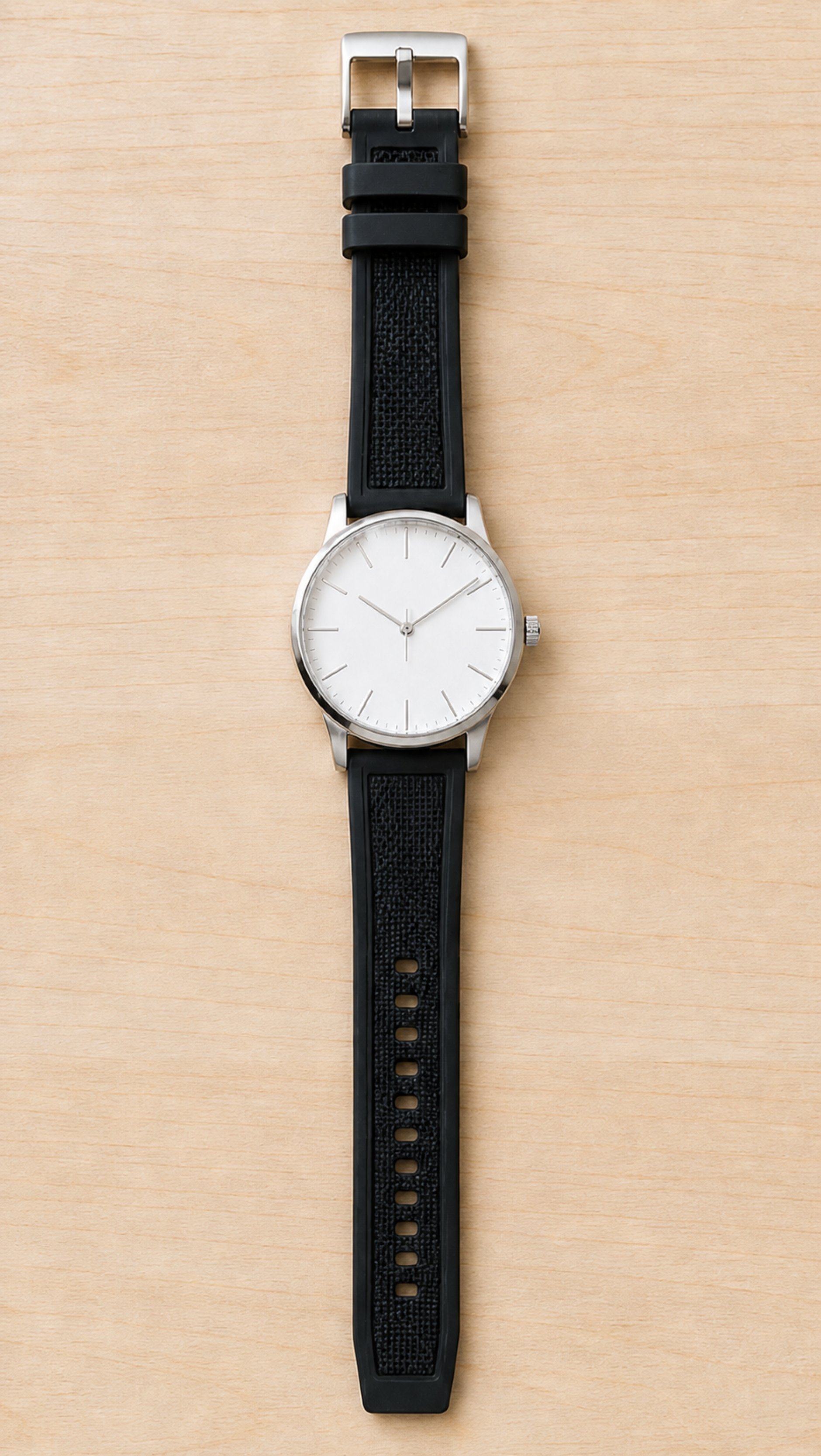 1GW Silicone + Nylon Hybrid Quick-Release Watch Strap 22mm in black, vertical top-down hero on light wood, high resolution