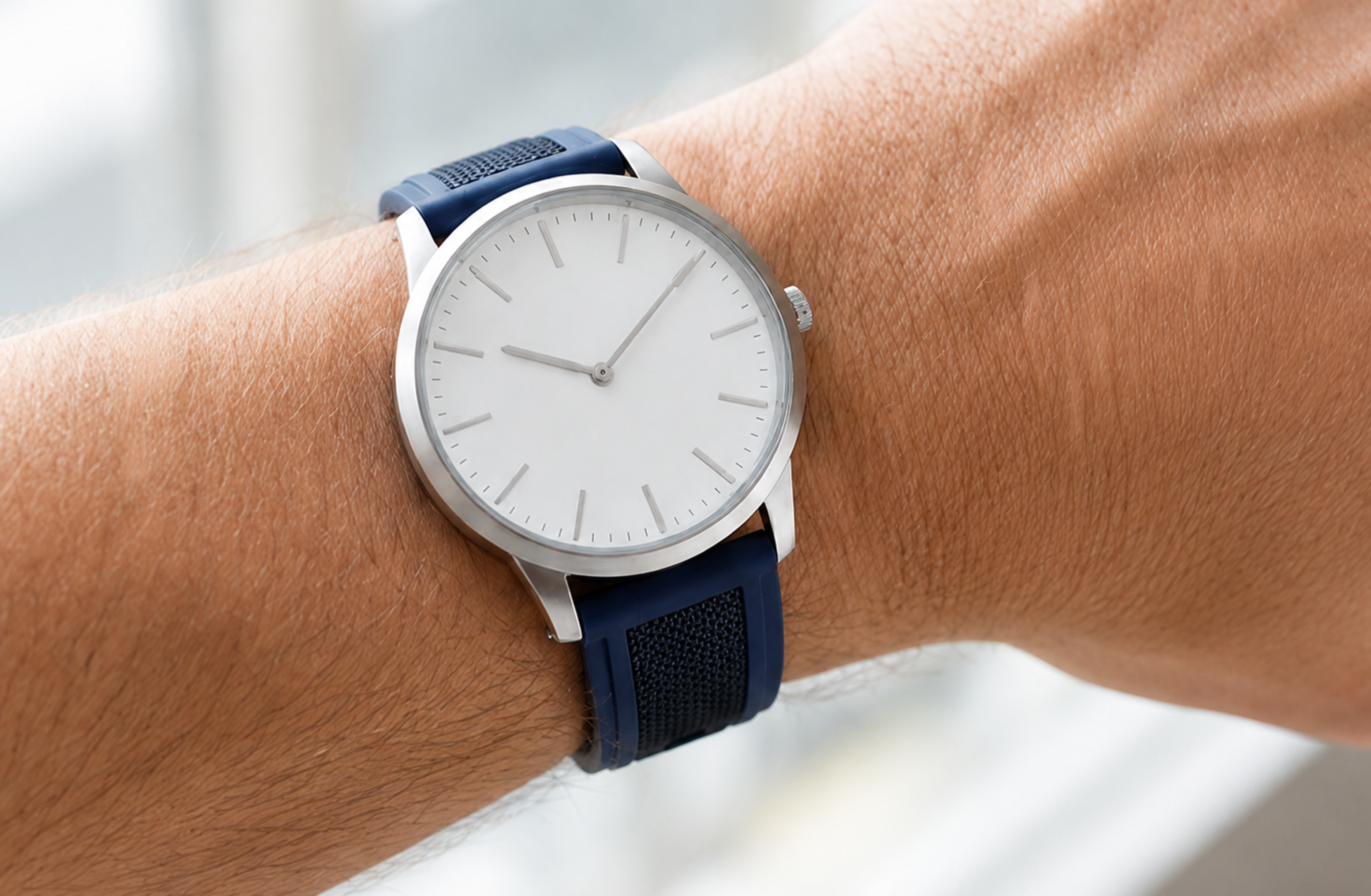 1GW Silicone + Nylon Hybrid Quick-Release Watch Strap 22mm in dark blue, worn on wrist in natural light, high resolution
