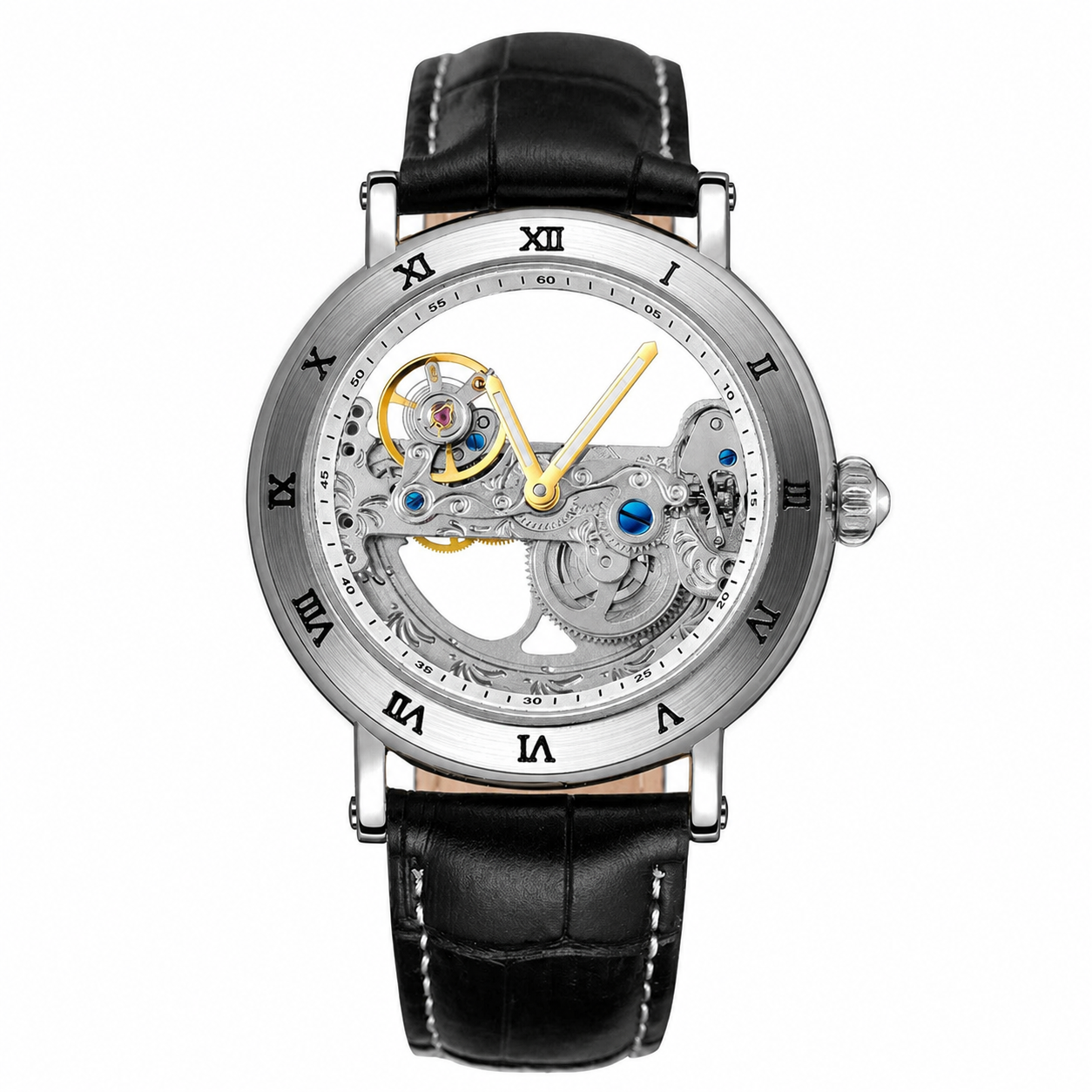 FORSINING Roman-bezel skeleton automatic watch, Black Silver style, front view on white