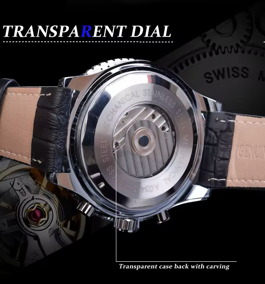 JARAGAR 0208 automatic watch transparent caseback and leather strap detail