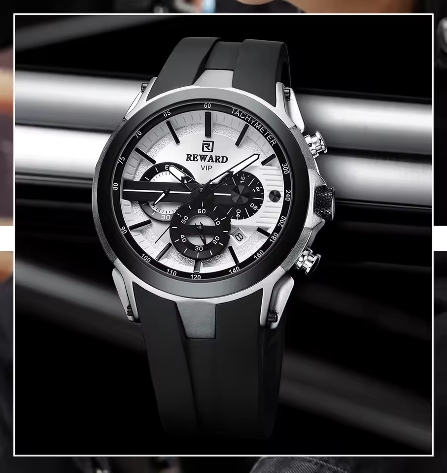 REWARD VIP 48mm chronograph watch in Black White in a supplier lifestyle setting