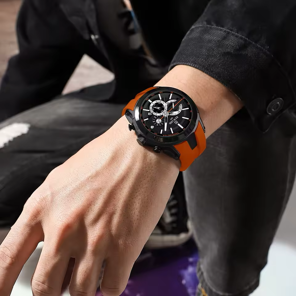 REWARD VIP 48mm chronograph watch in Orange worn on the wrist