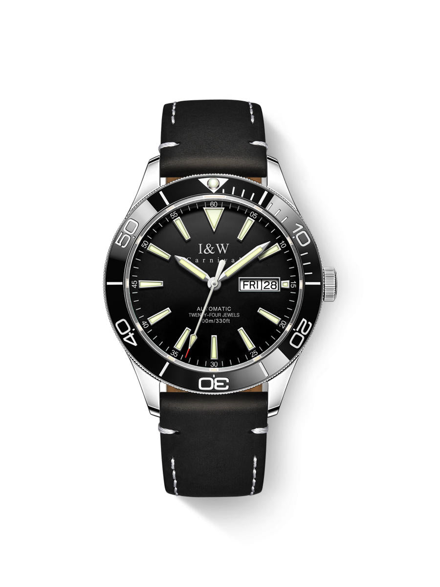 I&W Carnival IW.533G day-date, black dial, black leather strap
