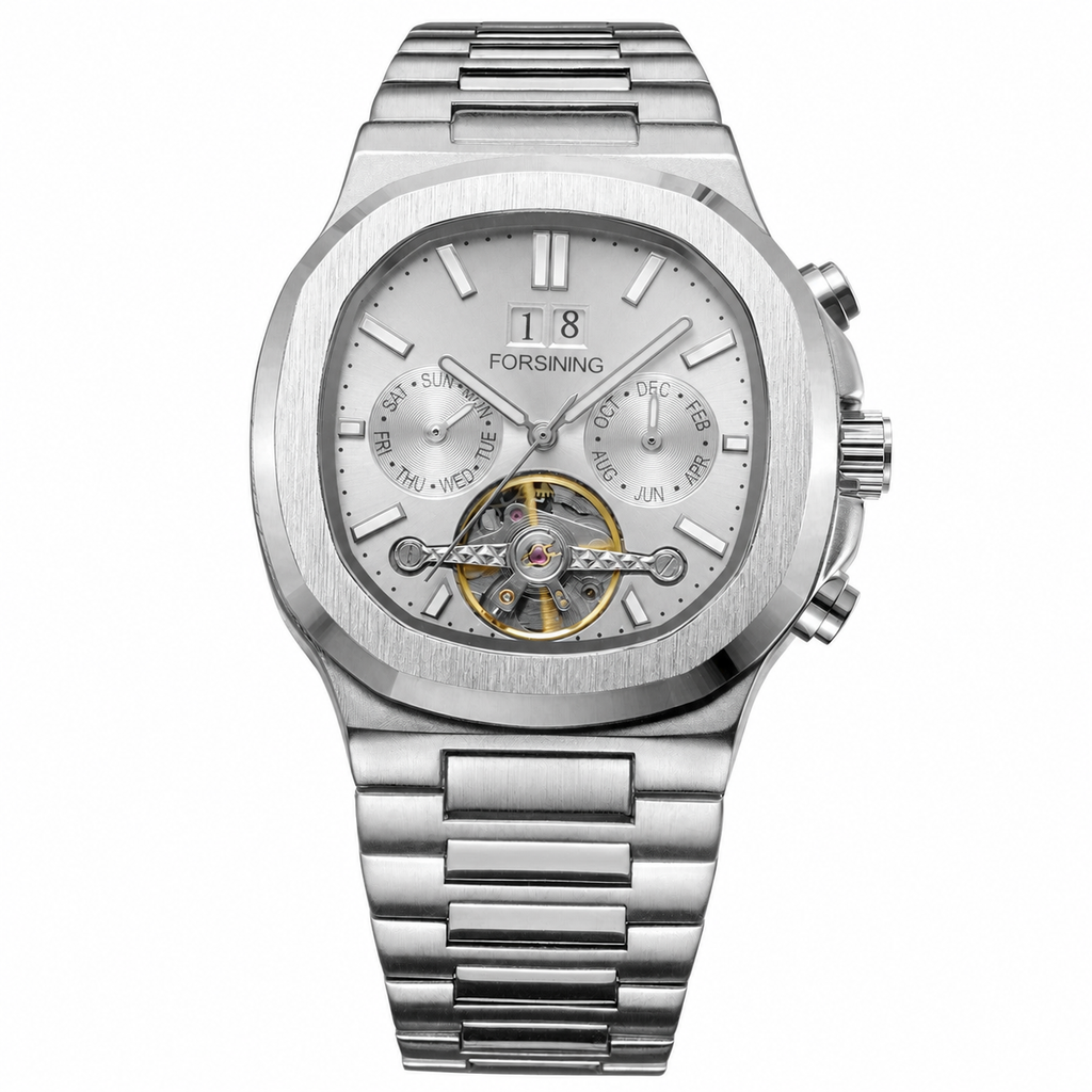 FORSINING Silver Open-Heart Automatic Watch on pure white background