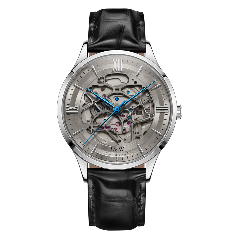 I&W Carnival IW.652G skeleton, grey dial with blue hands, black leather strap