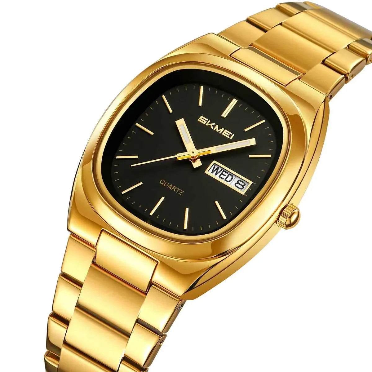 SKMEI 2420 cushion date watch, gold case black dial