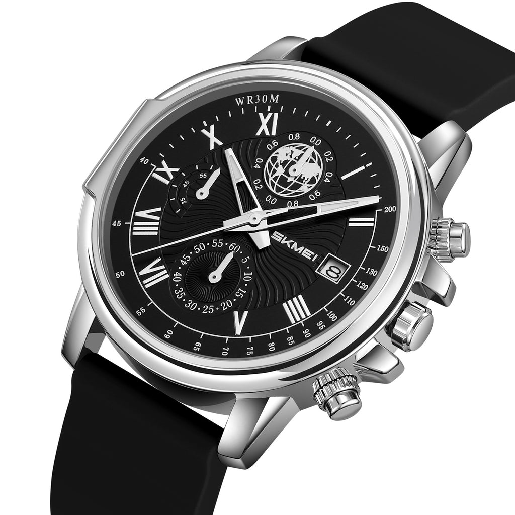 SKMEI 2468 three-sub-dial watch, silver case black dial, front