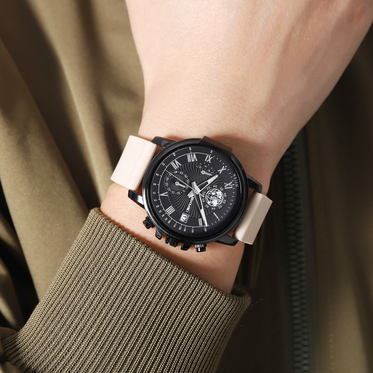 SKMEI 2468 apricot strap worn on a wrist