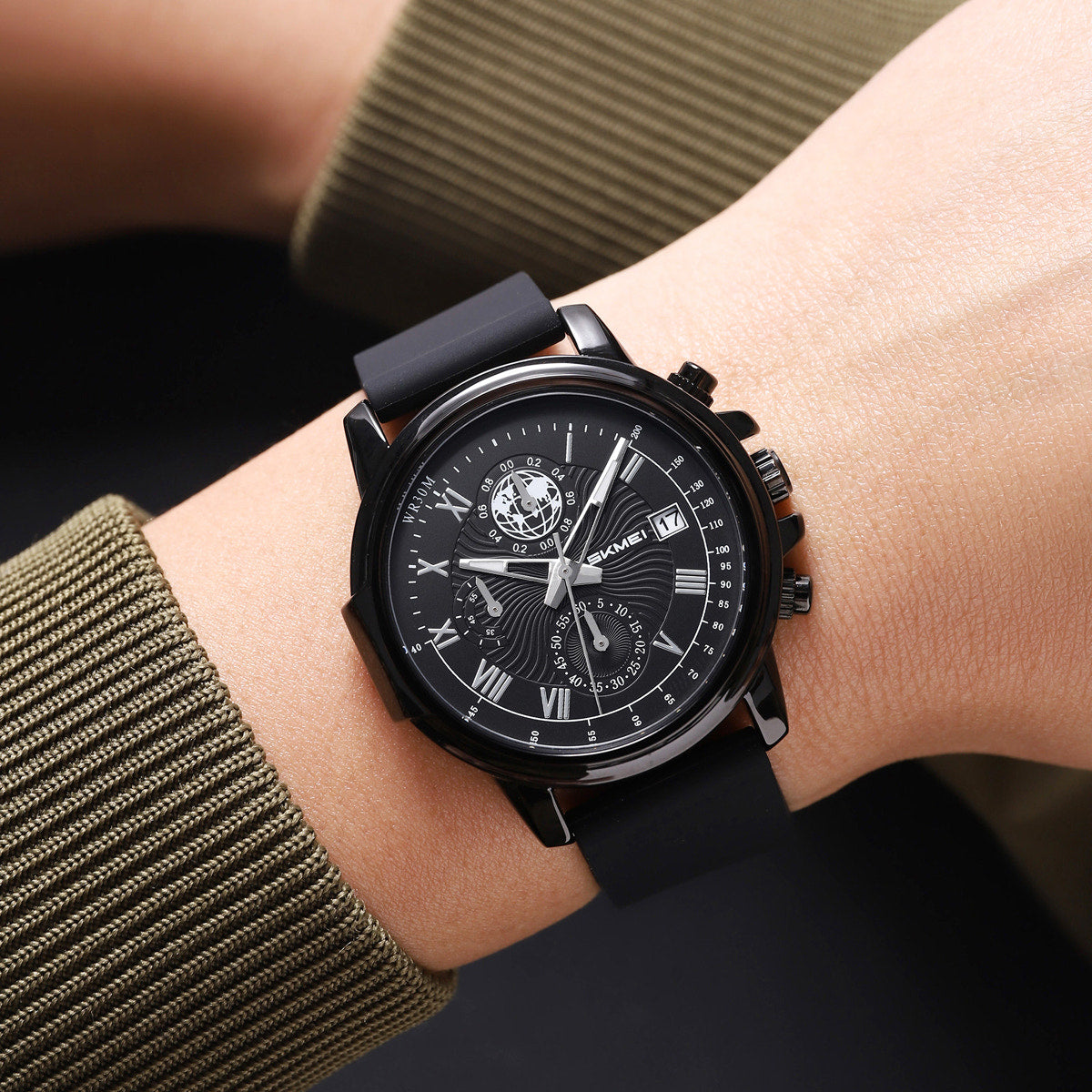 SKMEI 2468 all black worn on a wrist