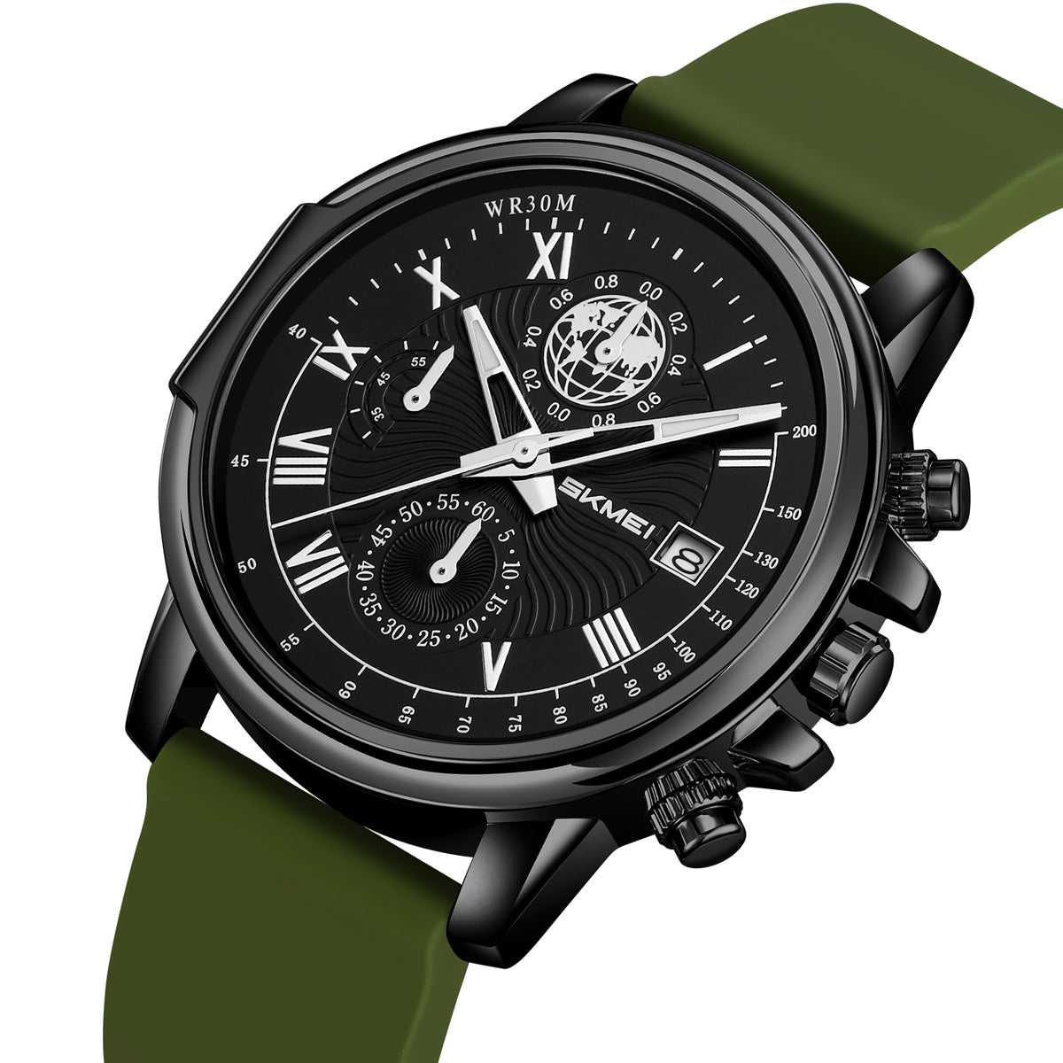 SKMEI 2468 three-sub-dial watch, black case army green strap, front
