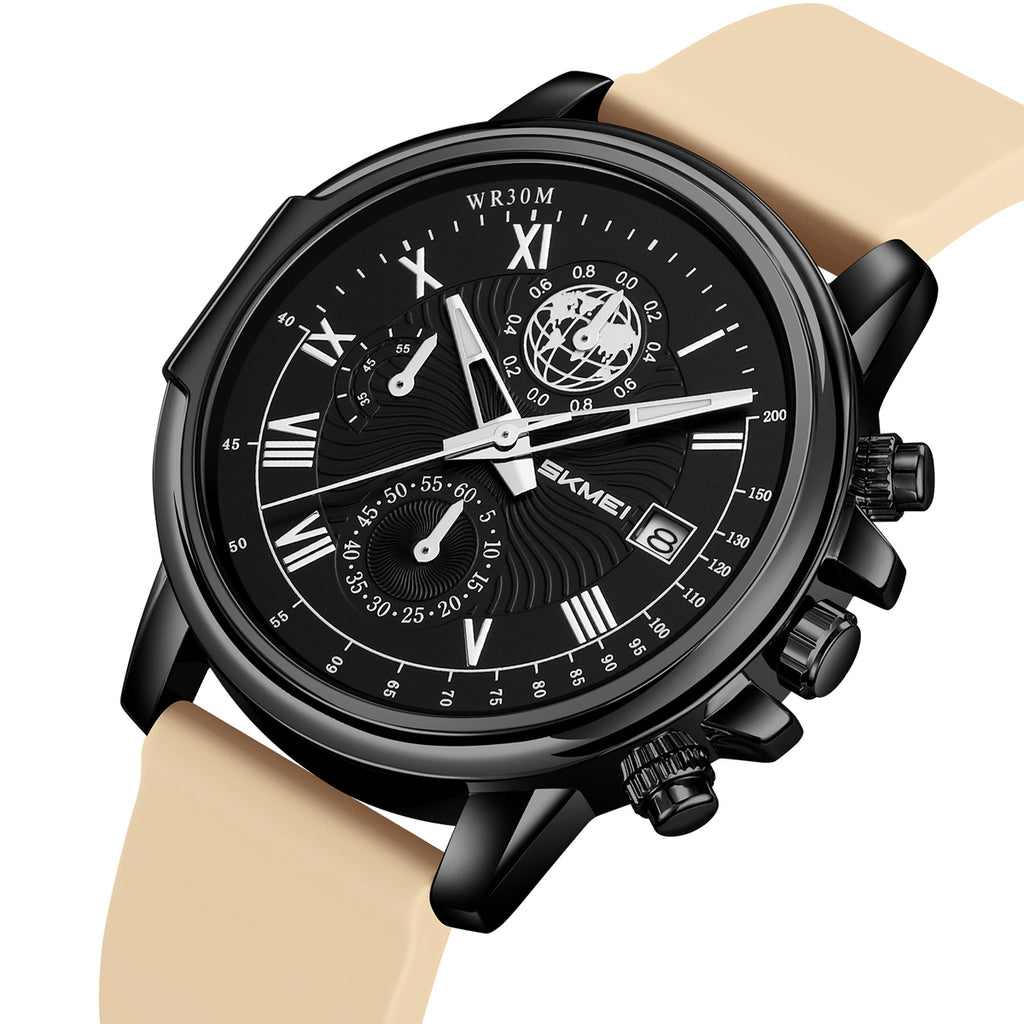 SKMEI 2468 three-sub-dial watch, black case apricot strap, front