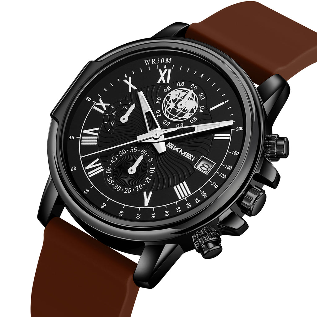 SKMEI 2468 three-sub-dial watch, black case brown strap, front