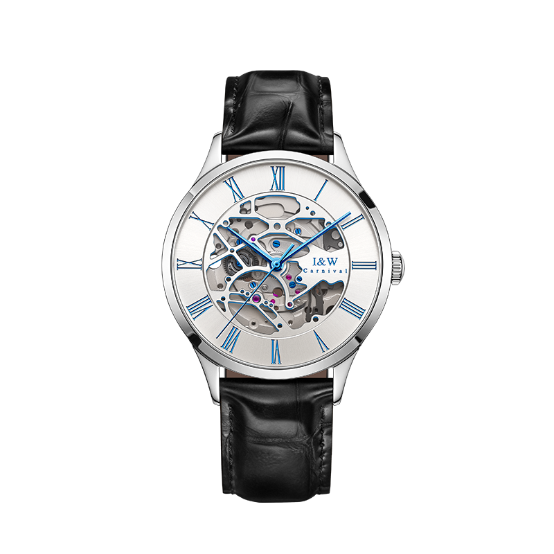 I&W Carnival IW.652G skeleton, white dial with blue hands, black leather strap