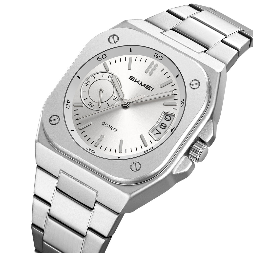 SKMEI 2572 octagonal day-date watch, silver dial, front