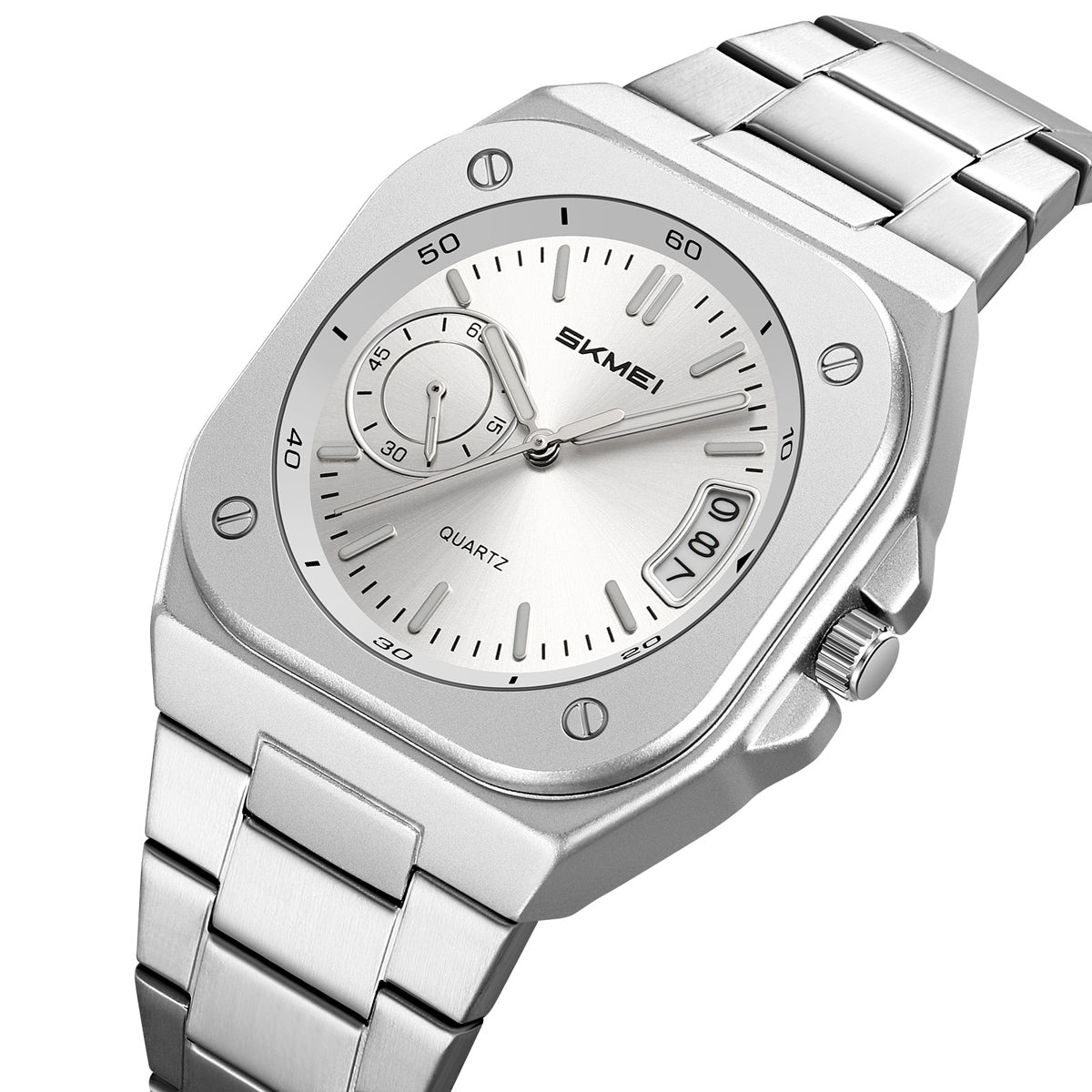 SKMEI 2572 octagonal day-date watch, silver dial, front