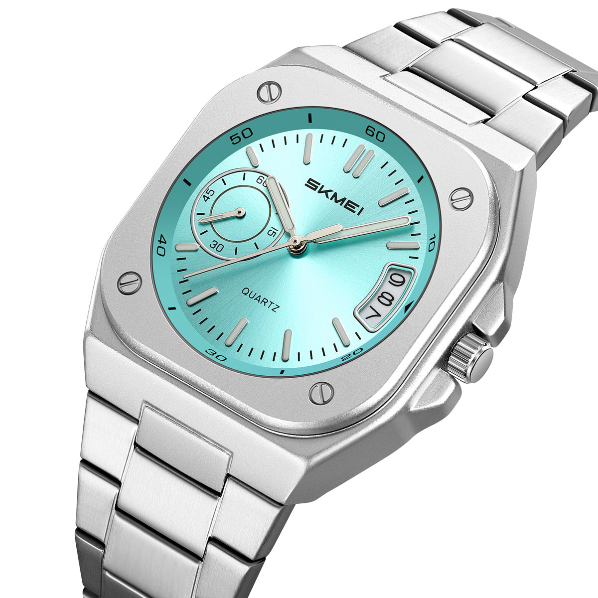 SKMEI 2572 octagonal day-date watch, ice blue dial, front