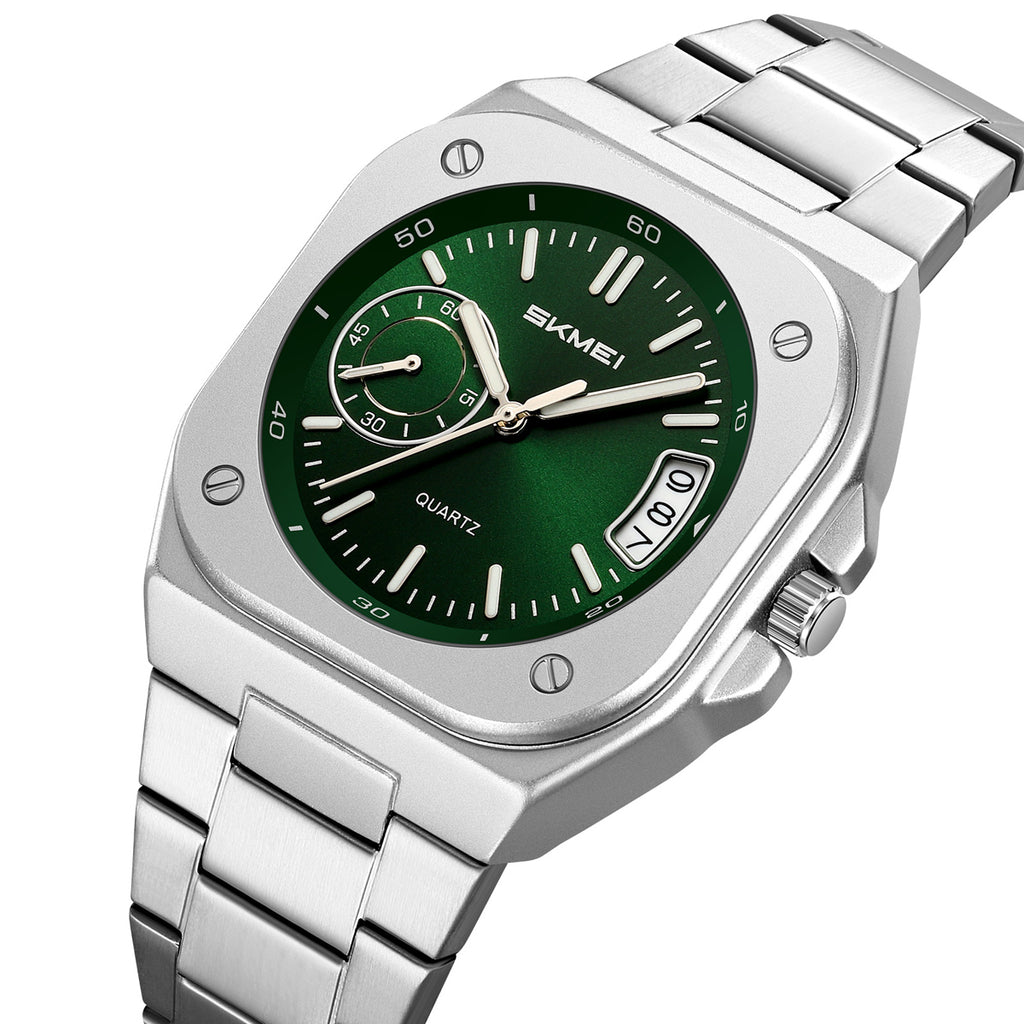 SKMEI 2572 octagonal day-date watch, green dial, front