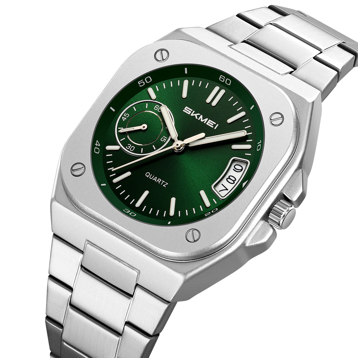 SKMEI 2572 octagonal day-date watch, green dial, front