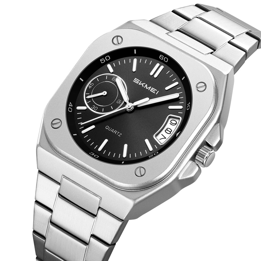 SKMEI 2572 octagonal day-date watch, black dial, front