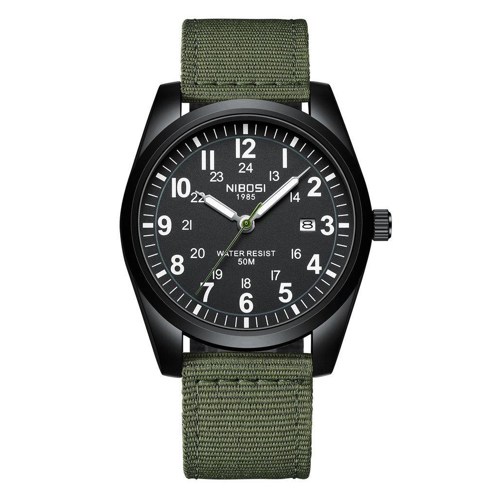 NIBOSI 2639 field watch, black case and black dial on a green nylon strap