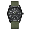 NIBOSI 2639 field watch, black case and black dial on a green nylon strap