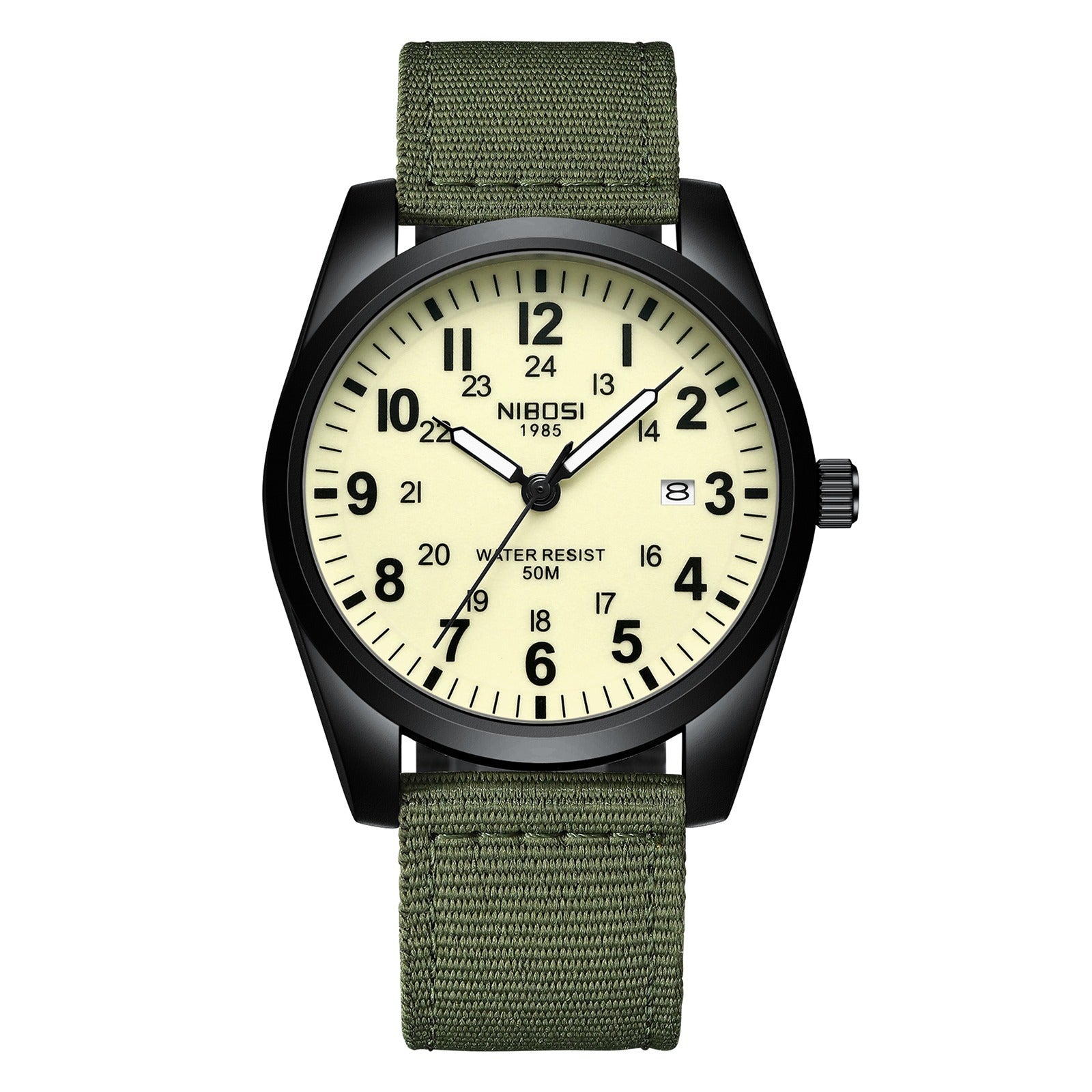 NIBOSI 2639 black case with cream lume dial on a green nylon strap