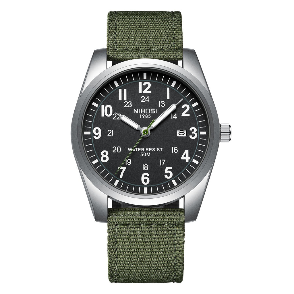 NIBOSI 2639 silver case with black dial on a green nylon strap