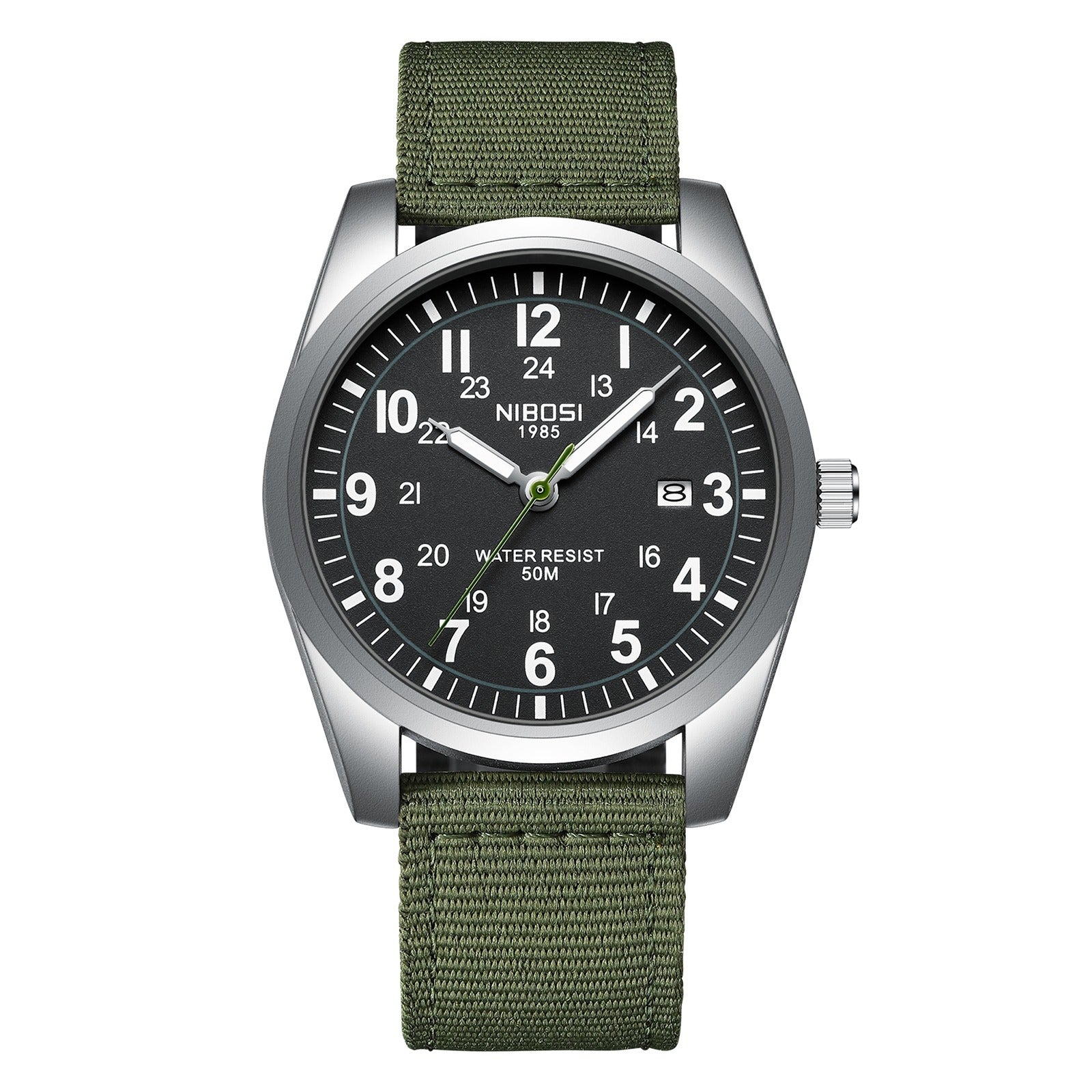 NIBOSI 2639 silver case with black dial on a green nylon strap