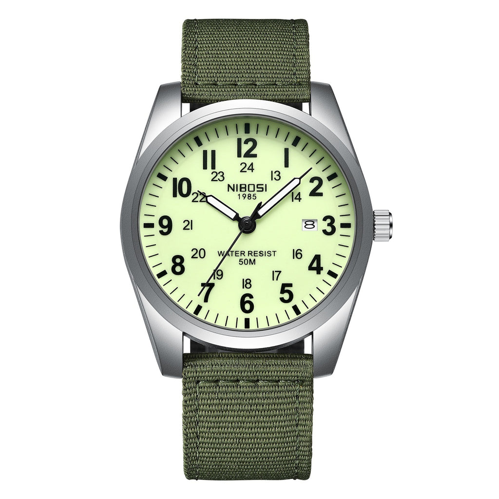 NIBOSI 2639 silver case with cream lume dial on a green nylon strap