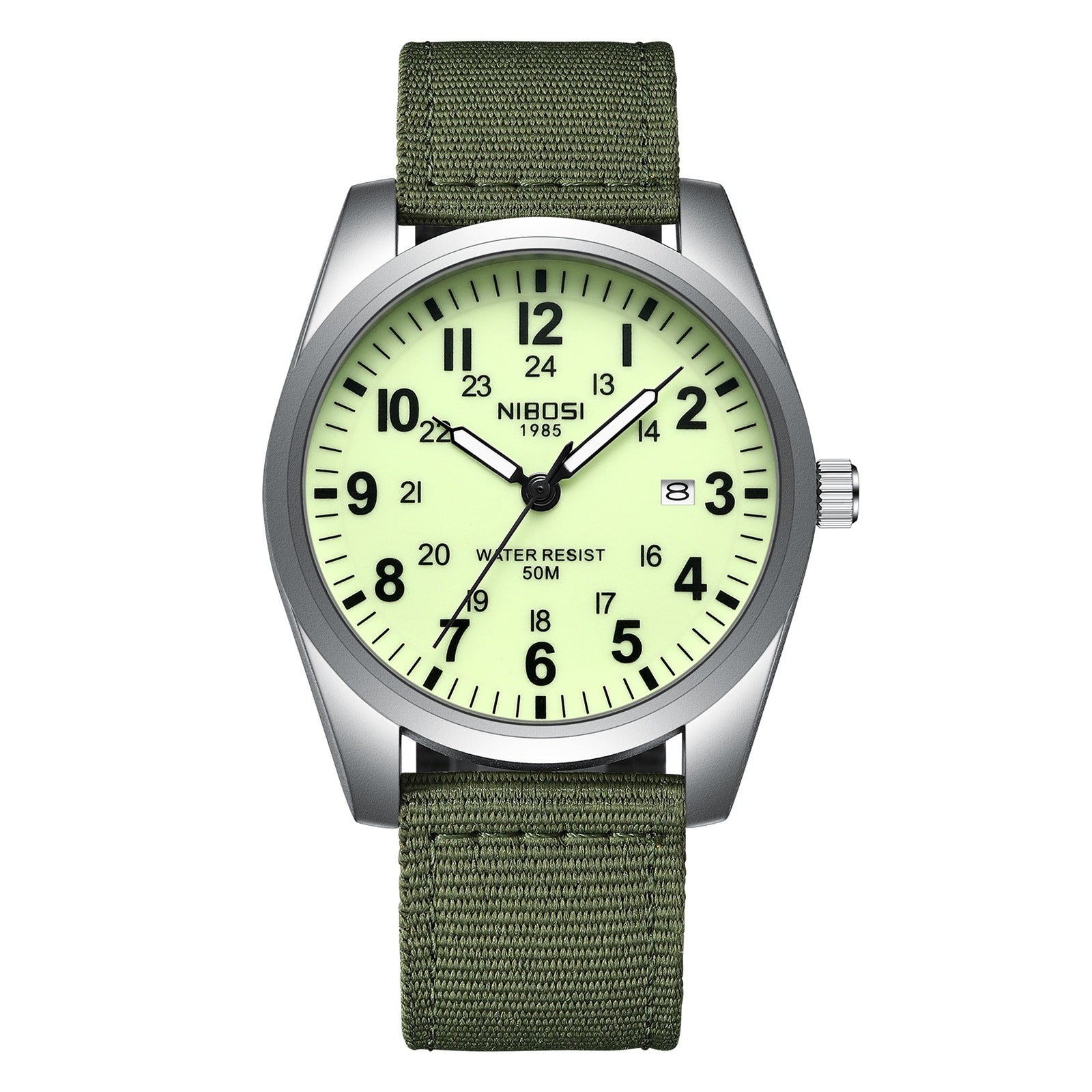 NIBOSI 2639 silver case with cream lume dial on a green nylon strap