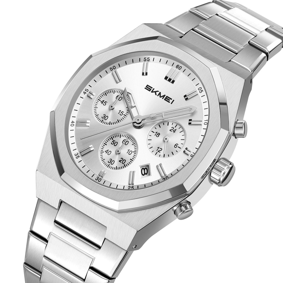SKMEI 2682 octagonal three-sub-dial watch, silver dial, front