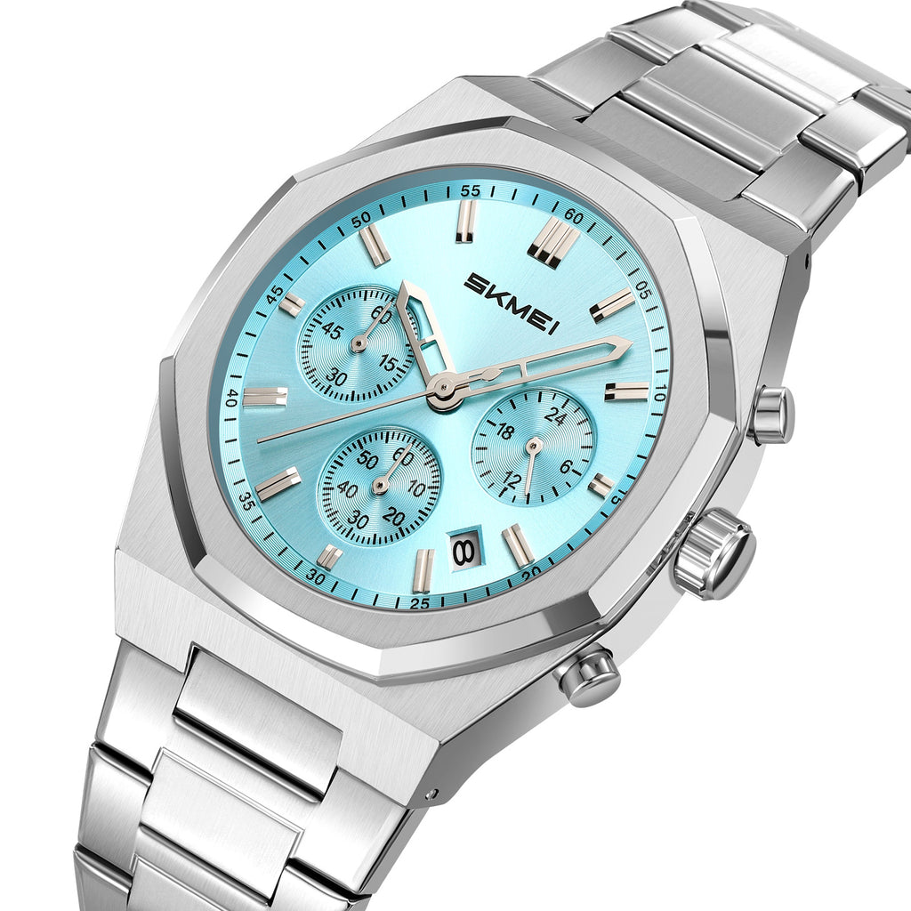 SKMEI 2682 octagonal three-sub-dial watch, ice blue dial, front