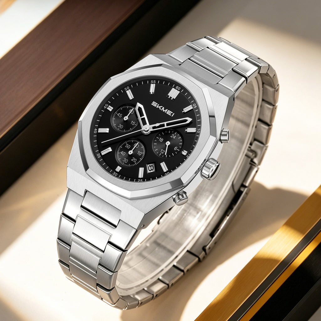 SKMEI 2682 black dial, angle showing crown and pushers
