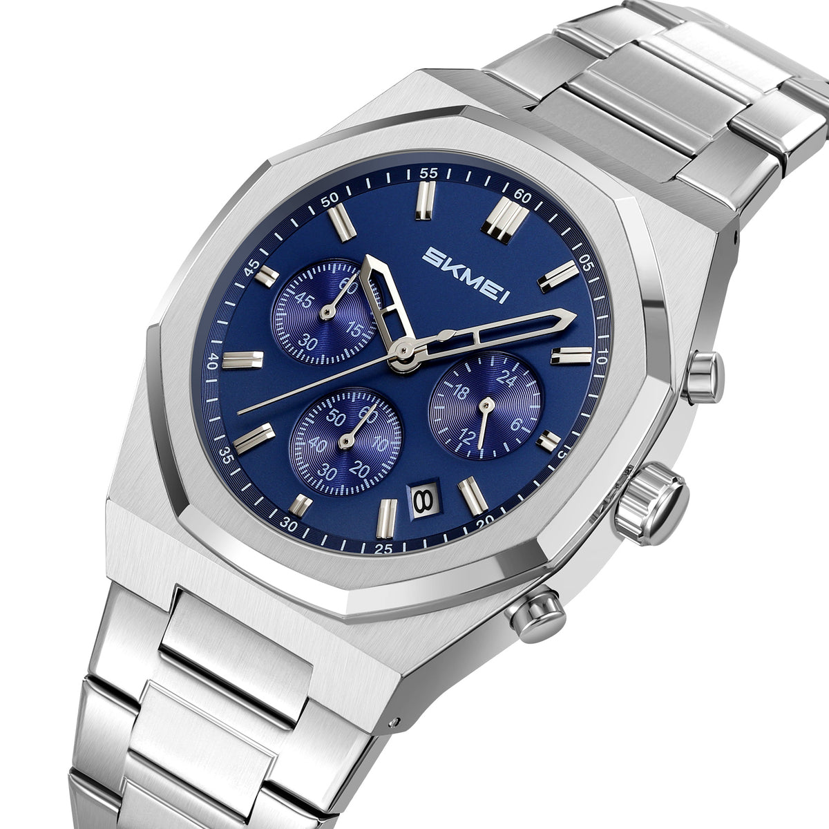 SKMEI 2682 octagonal three-sub-dial watch, royal blue dial, front