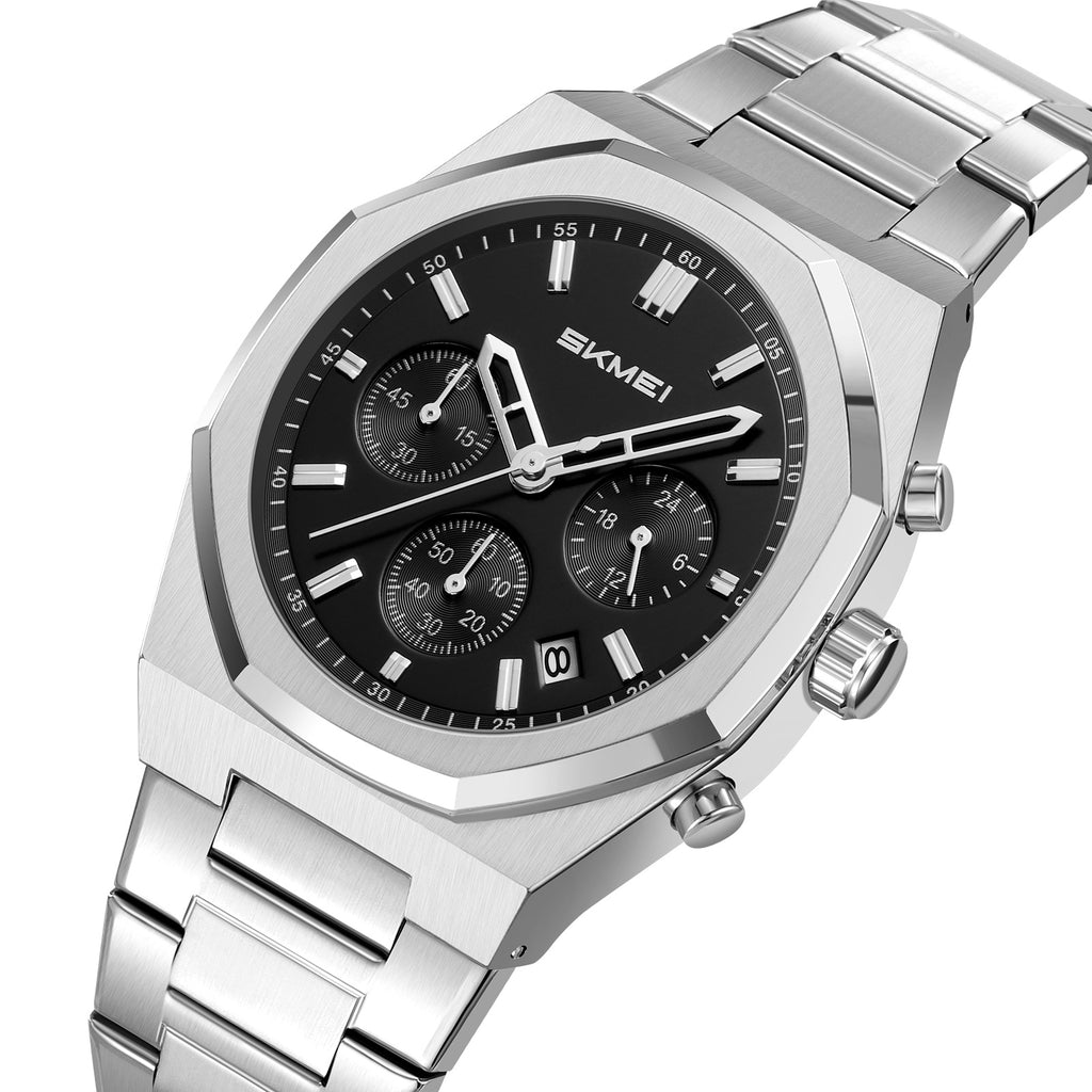 SKMEI 2682 octagonal three-sub-dial watch, silver case black dial, front