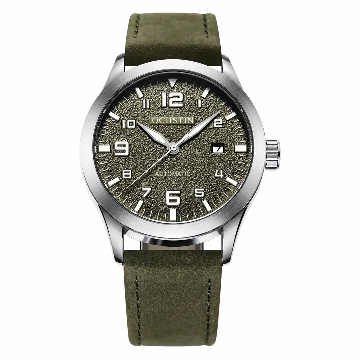 OCHSTIN Military Green Automatic Watch, 43.5mm on pure white background