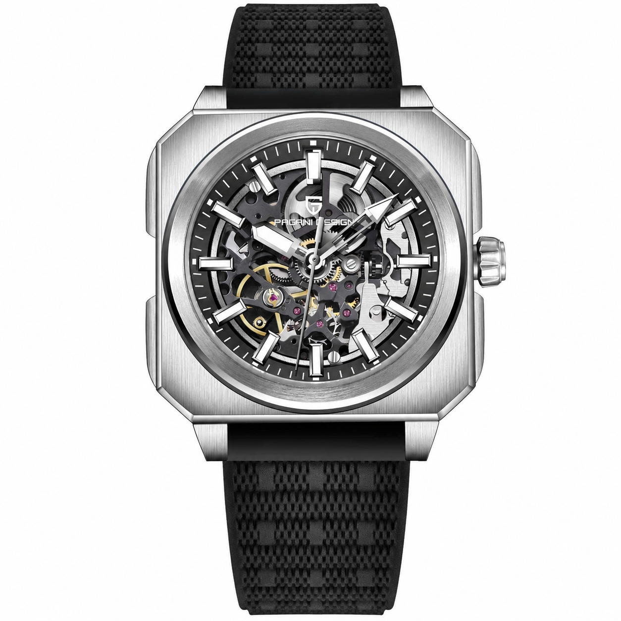 Pagani Design Black Skeleton Automatic Watch, 38mm on pure white background
