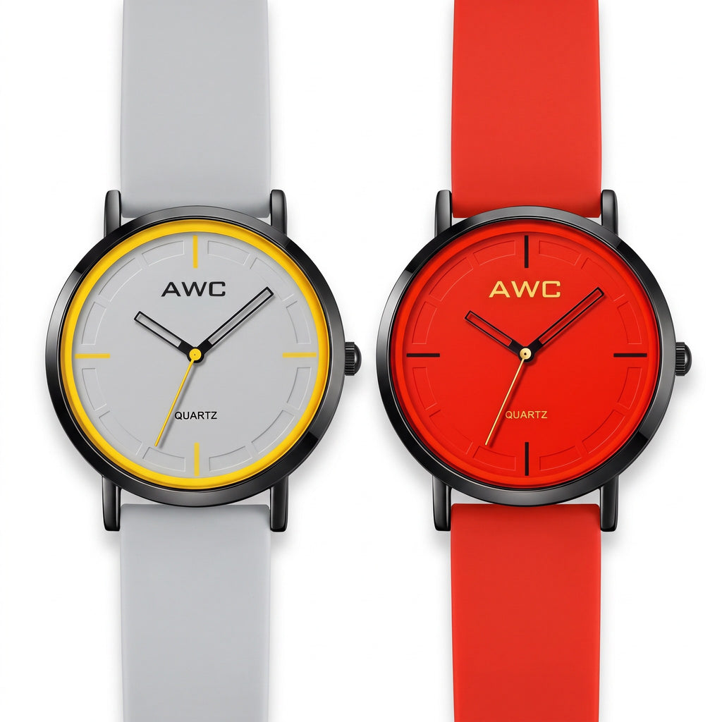 AWC Minimalist Quartz Grey + Red Pair bundle: grey dial with yellow ring on white strap and red dial on red strap, side by side on white