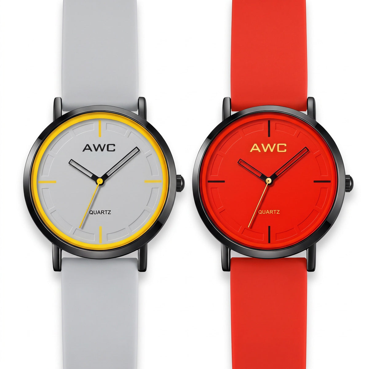 AWC Minimalist Quartz Grey + Red Pair bundle: grey dial with yellow ring on white strap and red dial on red strap, side by side on white