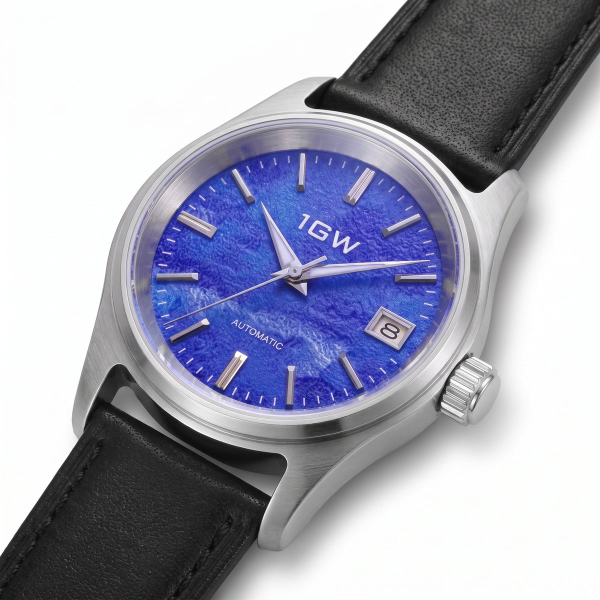 1GW Purple Texture Automatic 36mm - three-quarter studio angle on white showing case profile, crown and frosted violet-blue dial