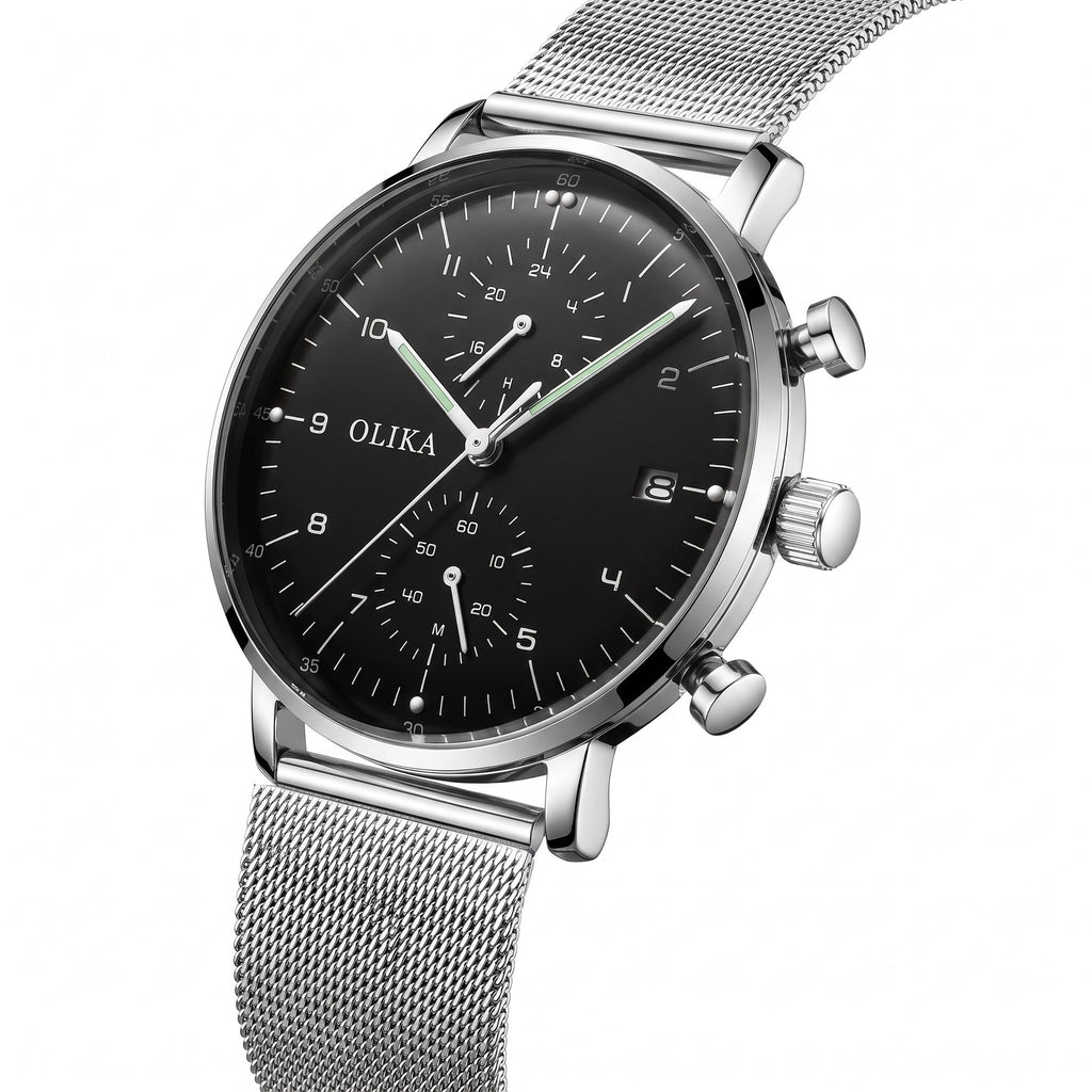 OLIKA black dial quartz chronograph, silver mesh bracelet, three-quarter view showing case side, crown and pushers