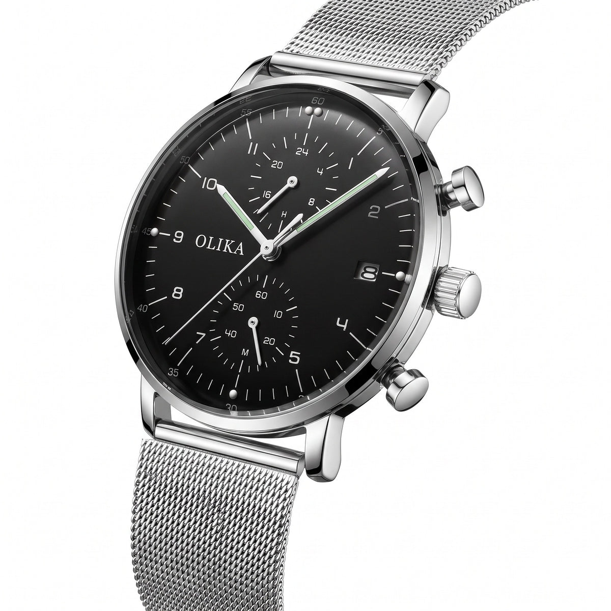 OLIKA black dial quartz chronograph, silver mesh bracelet, three-quarter view showing case side, crown and pushers
