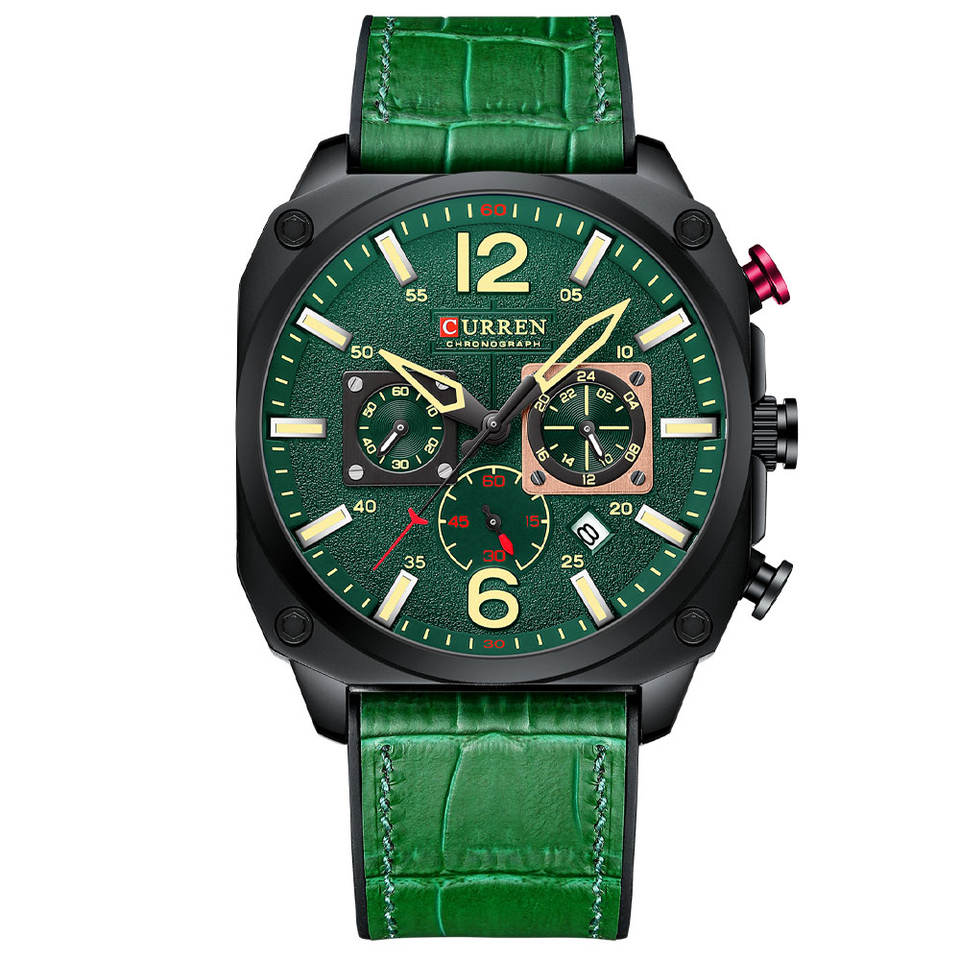 CURREN 8398 chronograph — green dial green leather (hero)