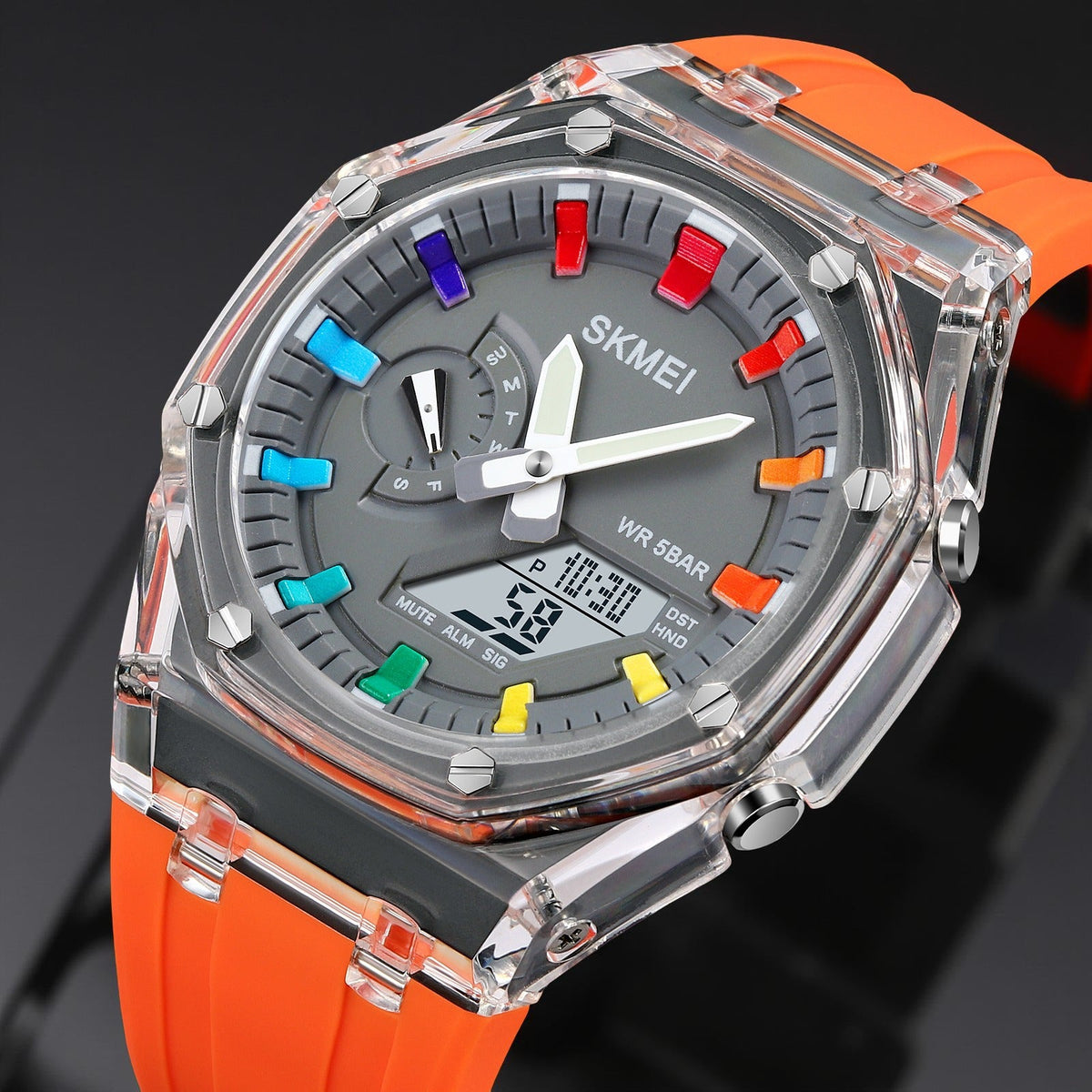SKMEI 2100 ana-digi watch, orange, three quarter angle