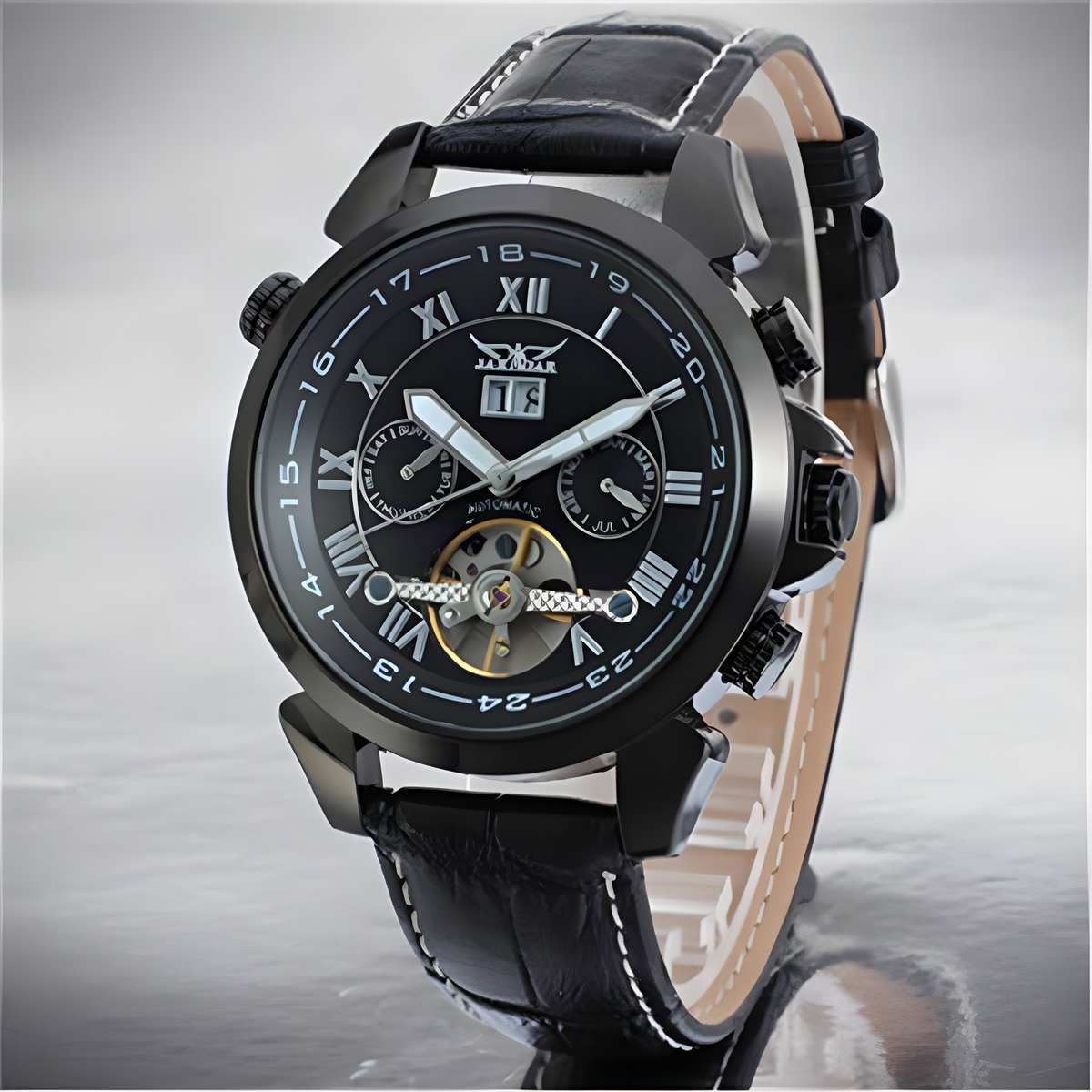 JARAGAR automatic open-heart watch, black dial and gunmetal case