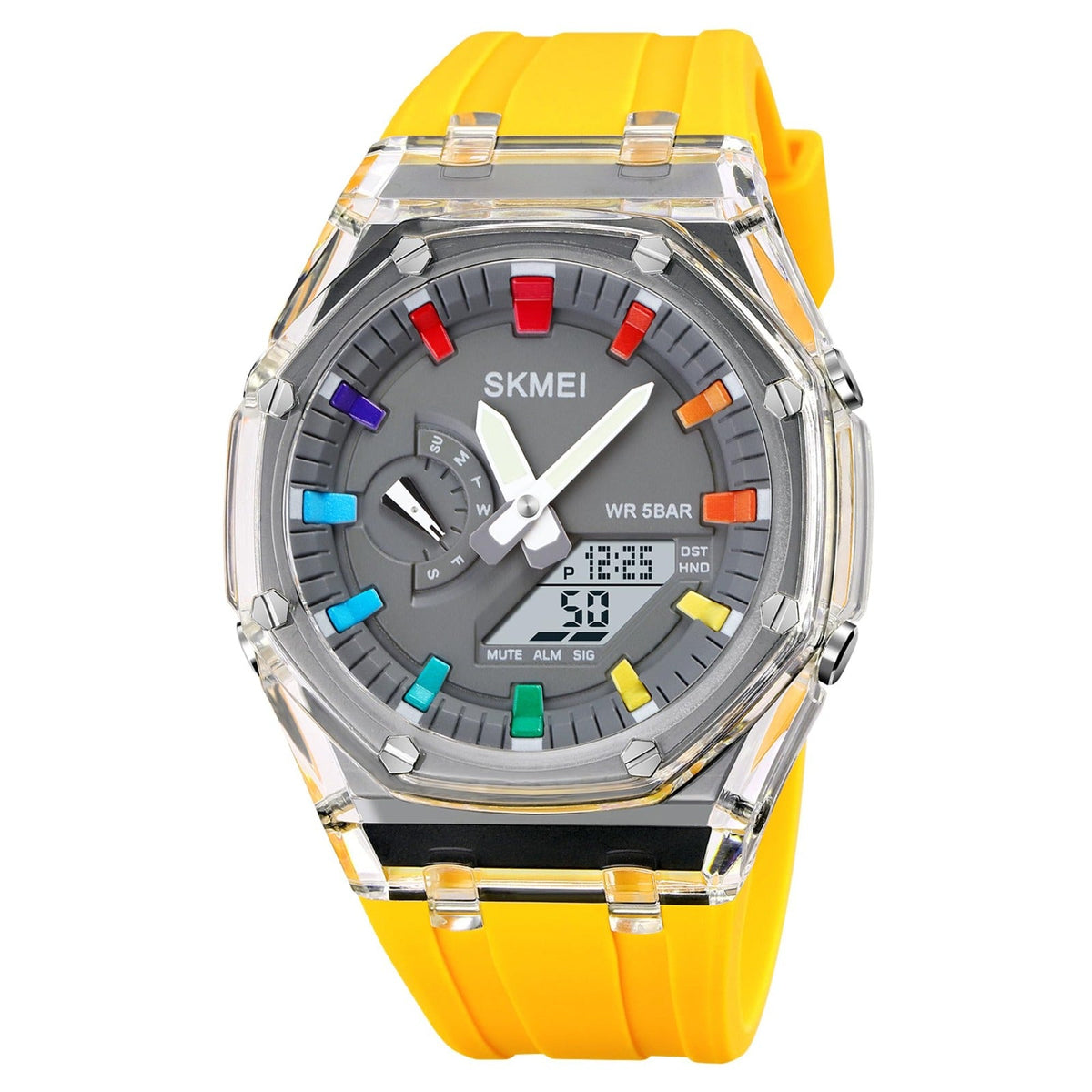 SKMEI 2100 ana-digi watch, yellow strap, front