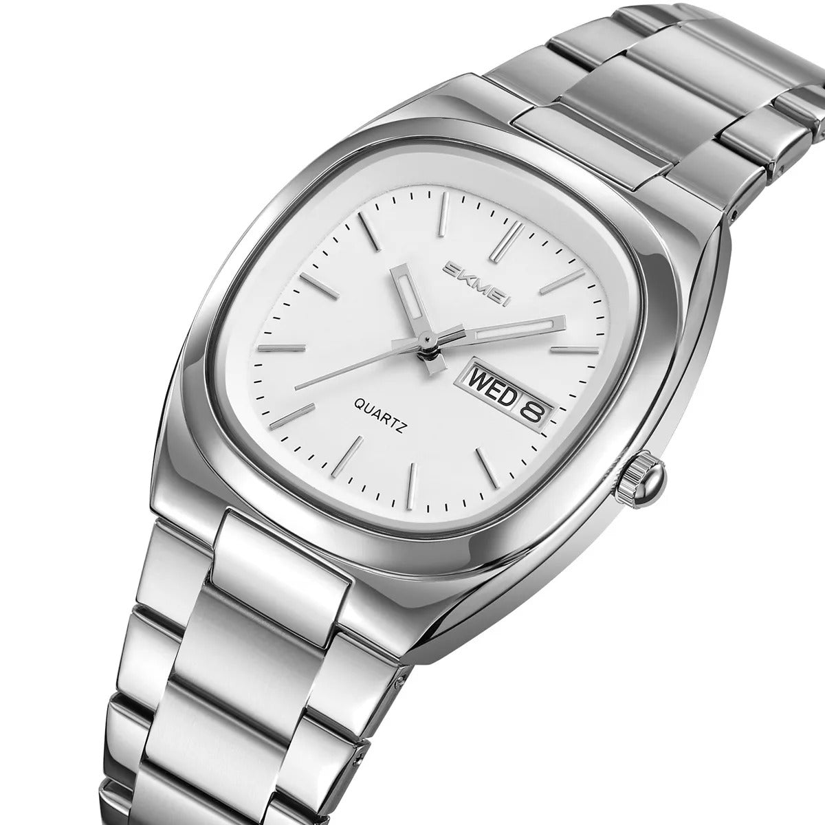 SKMEI 2420 cushion date watch, silver case white dial