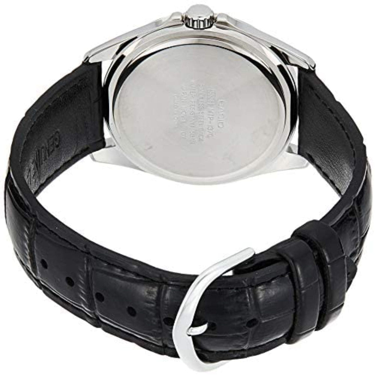Casio MTP-1370L-7A caseback and black crocodile-grain leather strap with steel buckle
