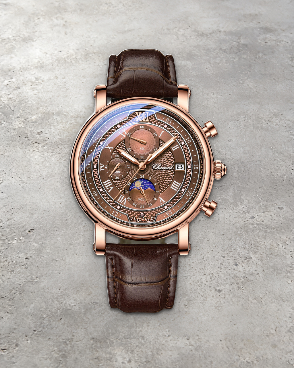 1GW Brown layered Roman-dial quartz watch with rose-gold case